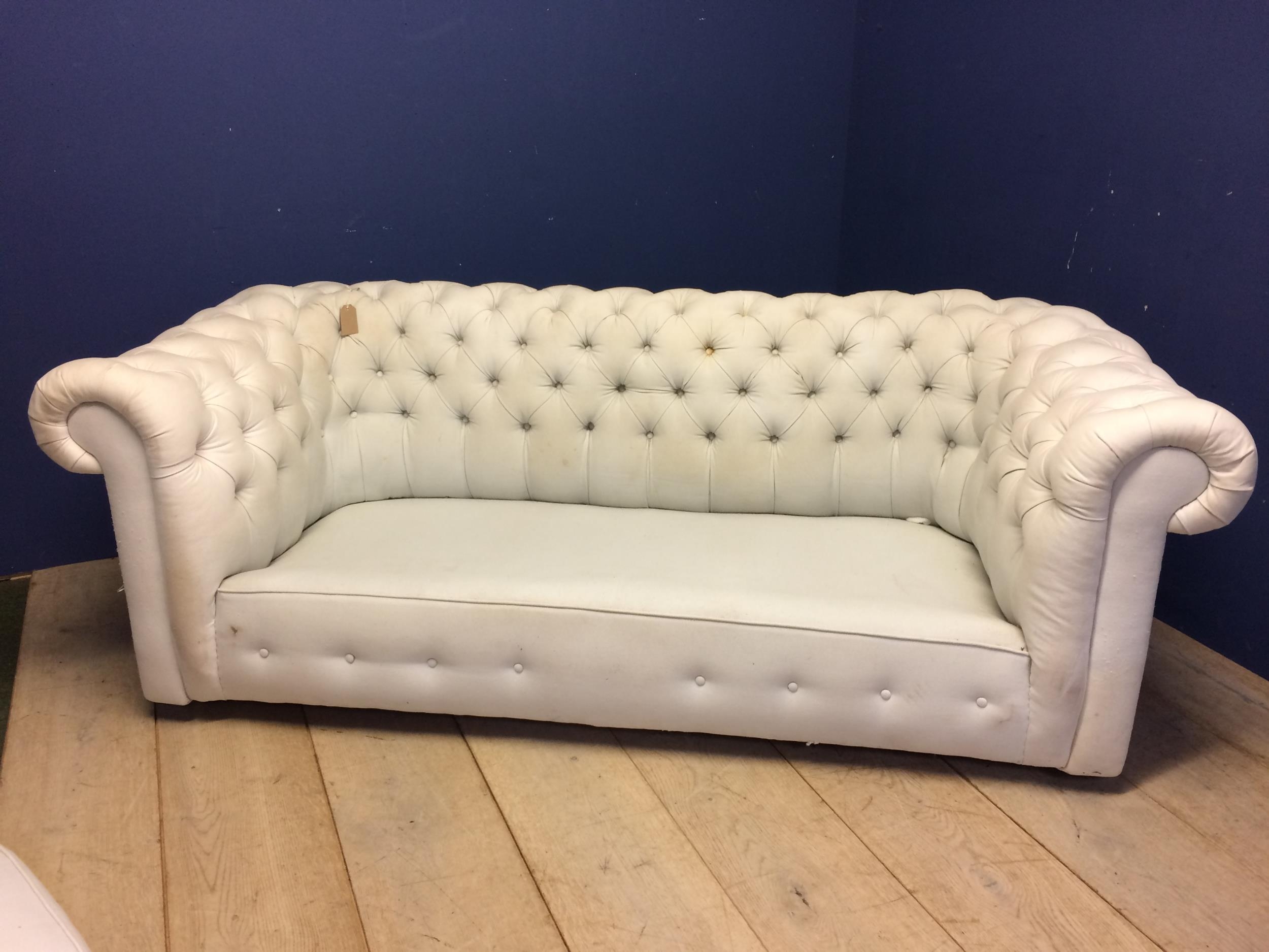 Victorian chesterfield sofa, upholstered in a light coloured fabric (some areas grubby with marks, - Image 5 of 5