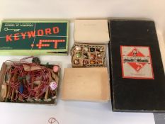 Vintage Monopoly, Keyword, and old 1930s and later Christmas baubles, all as found