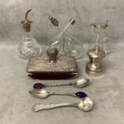 Collection of glass and white metal topped items to include a toddy, flask and ink blotter, pepper