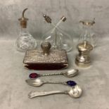 Collection of glass and white metal topped items to include a toddy, flask and ink blotter, pepper