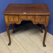 Oak and walnut veneered Lowboy with 3 drawers, cabriole legs with some wear, and losses, 71cmH x 76W