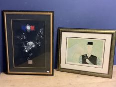 Print of a modern interior jazz sceene, signed indistinclty lower right, 73 x 50 ; and a print of