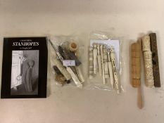 Stanhopes, nine in total, and a book, and various other bone handled quills, hooks etc see all