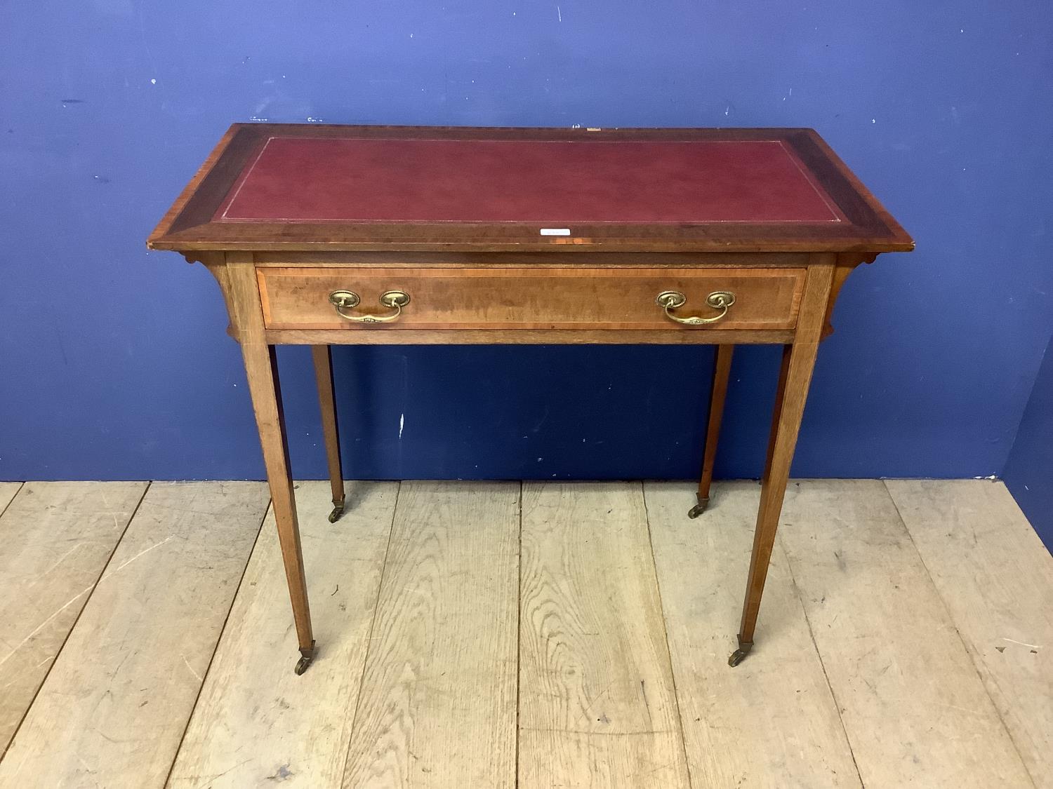 Small satinwood and inlaid writing desk, with tapered legs to castors and an inset tooled red - Image 3 of 6