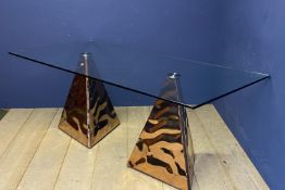 A good, Contemporary designer table, with a pair of copper triangular bases, and with a heavy,