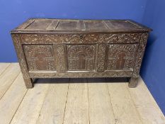 Large four panelled oak coffer, with rising lid, enscirbed 1698 to inside, inneed of attention -