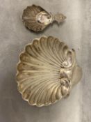 Sterling silver scallop shell dish together with a scallop shaped caddy spoon, by Josiah