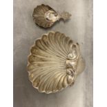 Sterling silver scallop shell dish together with a scallop shaped caddy spoon, by Josiah