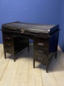 A modern dark stained pine, 6 drawer, knee hole, roll top desk , 122cmL x 74D x 88cmH approx