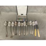 Boxed set of silver plated and guiloche enamel coffee spoons together with a collection of