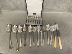 Boxed set of silver plated and guiloche enamel coffee spoons together with a collection of