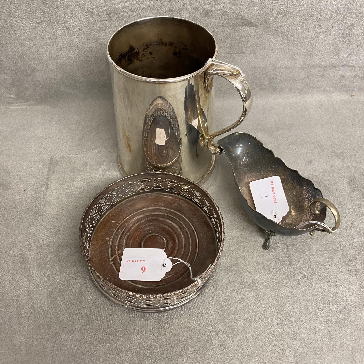 Three items of silver plated wares to include sauceboat, wine coaster and large mug - Image 5 of 5