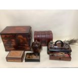 A modern desk stand/inkwell with drawer containing quills, a modern cigar cutter, and various