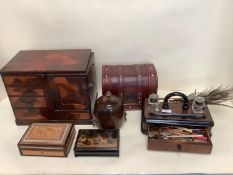 A modern desk stand/inkwell with drawer containing quills, a modern cigar cutter, and various