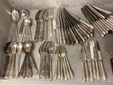 Part electroplated flatware service and a plated galleried tray and a large easel backed frame