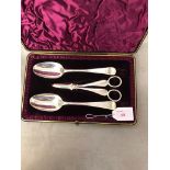 Pair of Irish silver spoons together with a pair of Sterling silver sugar snips in Associated velvet