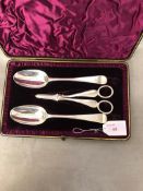 Pair of Irish silver spoons together with a pair of Sterling silver sugar snips in Associated velvet