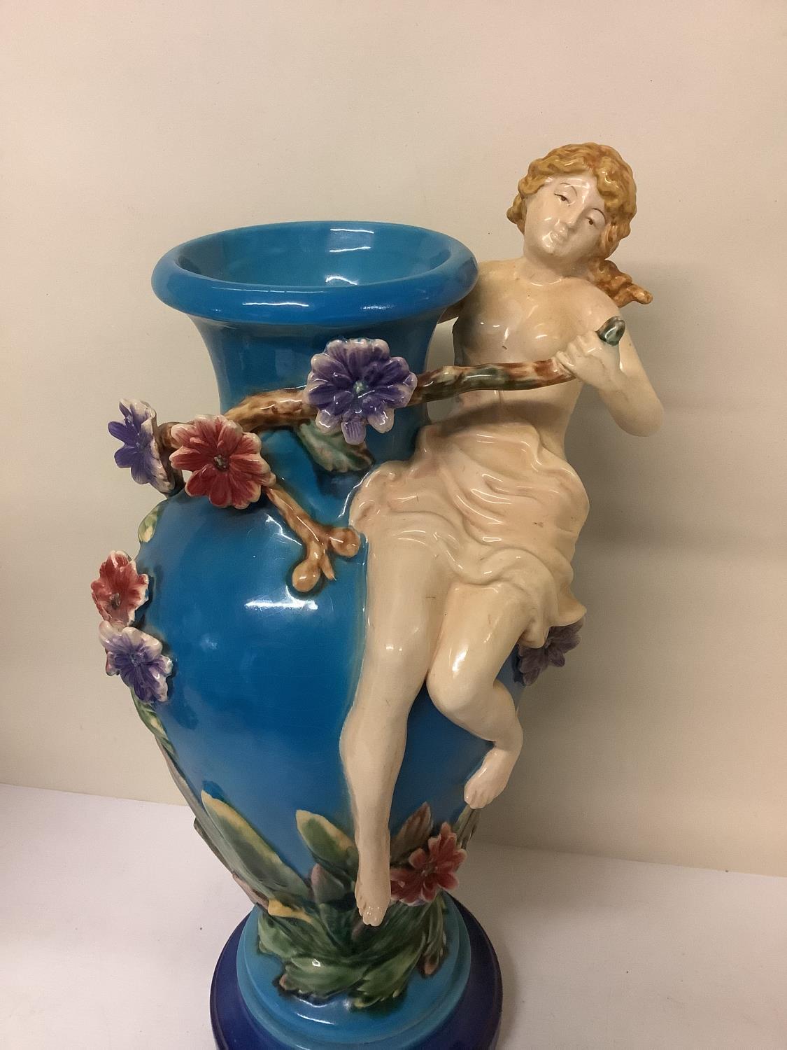 Pair of Continental majolica style vases, cast as maidens with branches of flowers on a sky blue - Image 9 of 15
