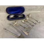 Collection of sterling silver items to include 3 toddy ladles, and a boxed Christening set, and