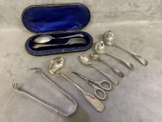 Collection of sterling silver items to include 3 toddy ladles, and a boxed Christening set, and