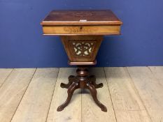 Mahogany and inlaid sewing table in quatrefoil base, no key, some fading