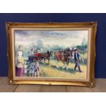 A modern impressionist style oil on canvas depicting a lively and colourful horse and cart