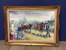 A modern impressionist style oil on canvas depicting a lively and colourful horse and cart