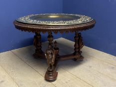 A good, early C20th Anglo Indian table , with central circular brass tray, engraved and embossed,