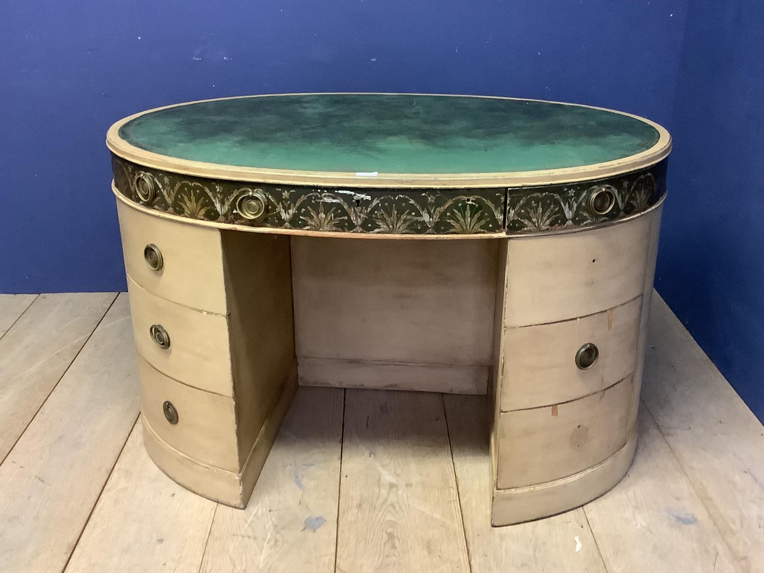 A decorative painted knee hole circular shaped desk/dressing table, with inset green leather top, - Image 2 of 8