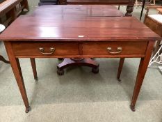 Mahogany 2 drawer sidetable with tapered legs to castors, 107 cm W, split to top