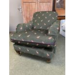 Green and pheasant patterned upholstered arm chair, retails label Jules