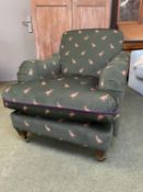 Green and pheasant patterned upholstered arm chair, retails label Jules