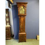 Mahogany and ebony inlaid Long case clock, with brass faced arched movement dial with brass