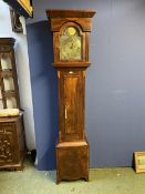 Mahogany and ebony inlaid Long case clock, with brass faced arched movement dial with brass