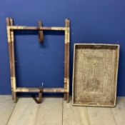 Vintage rattan, folding butlers tray and stand, some wear & leather holding straps broken