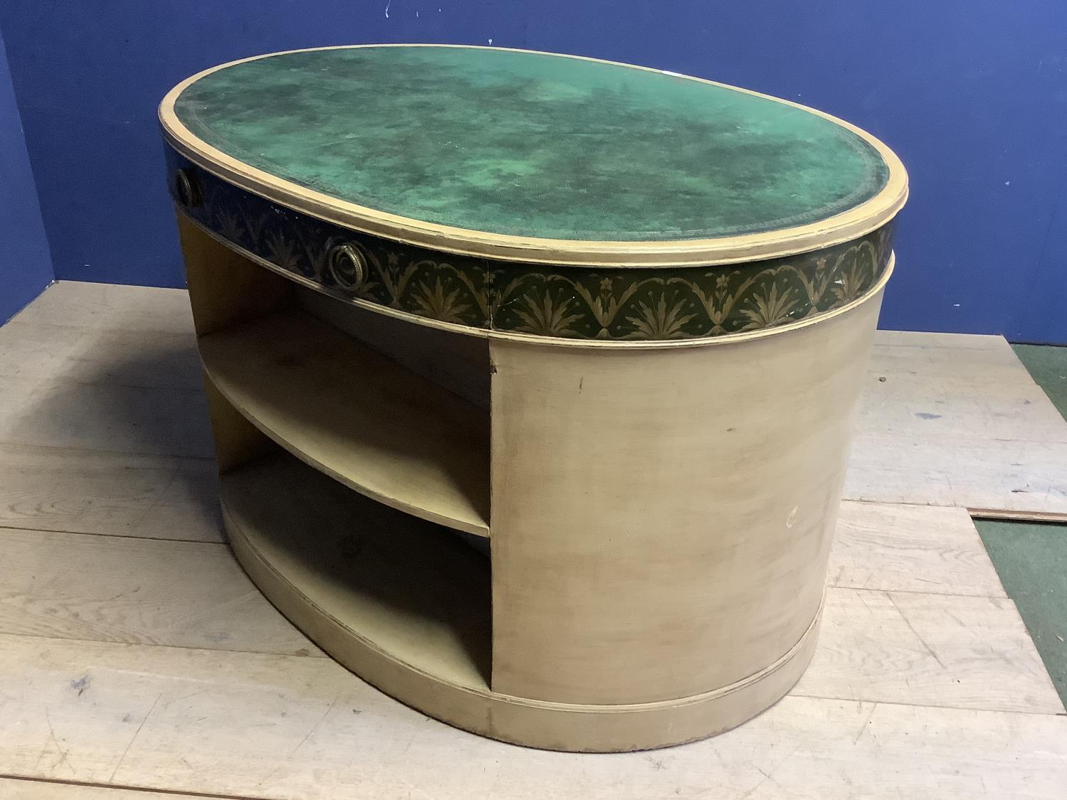A decorative painted knee hole circular shaped desk/dressing table, with inset green leather top, - Image 7 of 8