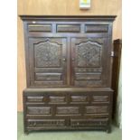 Large C17th Style heavy carved 2 door oak court cupboard, with 1 modern shelf to interior and