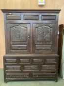 Large C17th Style heavy carved 2 door oak court cupboard, with 1 modern shelf to interior and