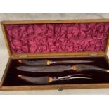 Steel and Antler handled carving set in a velvet lined oak box