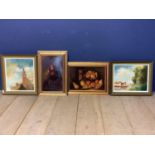 Four C20th oil on canvas pictures of varying scenes, all in gilt frames