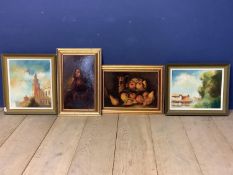 Four C20th oil on canvas pictures of varying scenes, all in gilt frames