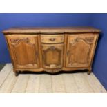 A good Cherry wood sideboard with 3 cupboards and one central drawer, 179w x 55d x 103h cm