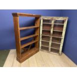 Shabby chic green painted narrow glazed bookcase 148cmH x 92cmW x 21cmD; and a pine free standing