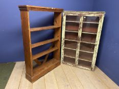 Shabby chic green painted narrow glazed bookcase 148cmH x 92cmW x 21cmD; and a pine free standing