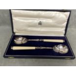 Boxed set of Sterling silver and ivory handled salad servers, by Harrison Brothers and Howson