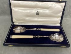 Boxed set of Sterling silver and ivory handled salad servers, by Harrison Brothers and Howson