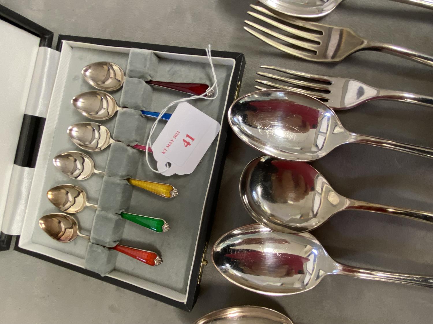 Boxed set of silver plated and guiloche enamel coffee spoons together with a collection of - Image 2 of 4