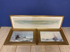 W L Wyllie, English school, pair of nautical prints, in gilt glazed frames, and a panoramic print of