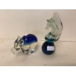 Medina glass paperweight in the form of a seahorse (etched mark to base) and another glass hippo,