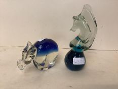 Medina glass paperweight in the form of a seahorse (etched mark to base) and another glass hippo,